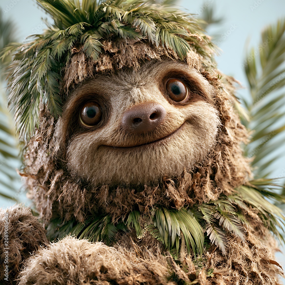Fototapeta premium A cute smiling sloth made from fresh coconuts and tropical palm leaves, whimsical exotic fantasy creature