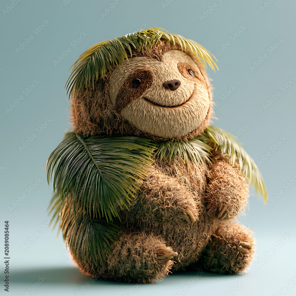 Fototapeta premium A cute smiling sloth made from fresh coconuts and tropical palm leaves, whimsical exotic fantasy creature