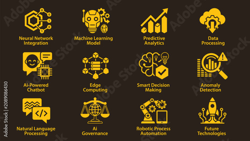 12 AI Technology Vector Icons Set – Machine Learning, Neural Network, Predictive Analytics, NLP, RPA, Edge Computing and Data Processing