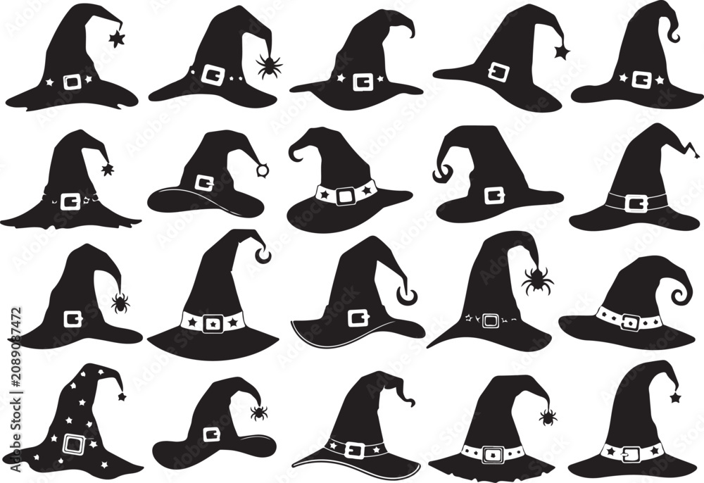 Obraz premium A collection of various black witch hat silhouettes with different designs for Halloween.