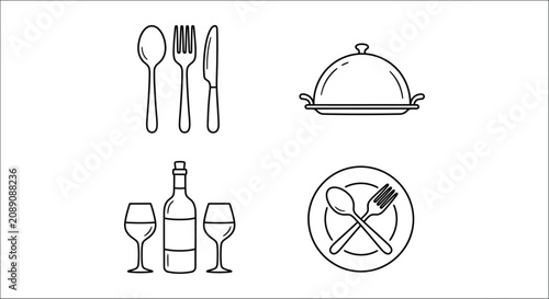 Photography Cutlery and dining ware line icons on a white background tableware flatware spoo