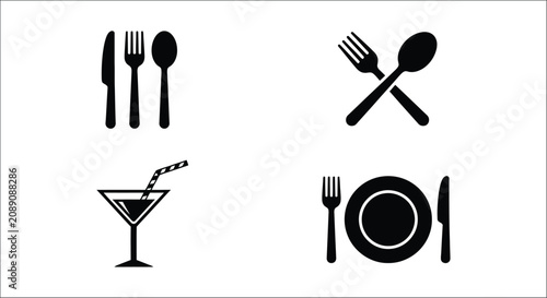 Картината върху платно Cutlery and drinkware silhouettes on a white background a collection of flat vec