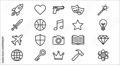 Canvastavla Collection Of Line Icons Featuring A Rocket Heart And Various Objects abstract a