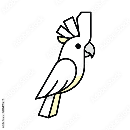 Cockatoo parrot with a bright yellow crest and white feathers, illustrated in a modern minimalist graphic design.