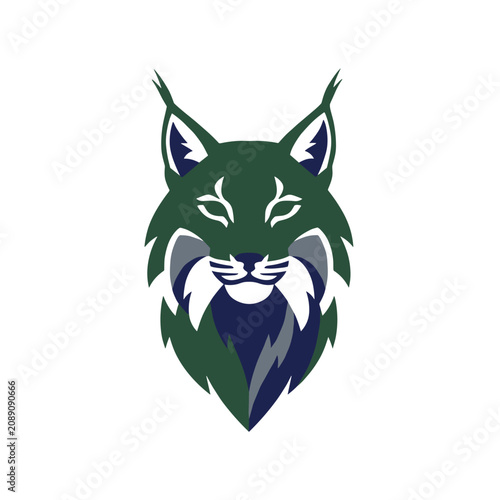 Stylized head of a lynx with sharp ears and a thick ruff, presented in a bold dark green and navy blue vector icon style.