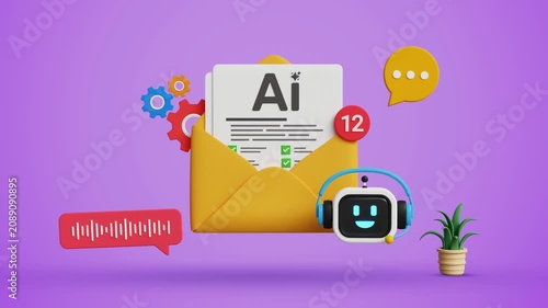 Email Automation Concept, Use AI Email to Schedule and Trigger Customer Messages to Audience, Customer Support, AI Helpdesk. AI Chatbot Email Assistant. 3D Video Animation