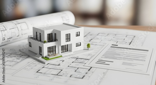 Architectural model of a modern house with blueprints and construction plans on a wooden desk, representing home design and real estate development.