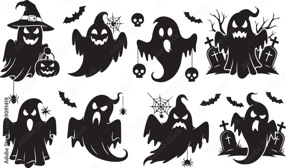 Fototapeta premium Halloween ghost clipart set vector spooky haunted silhouettes skull icons isolated on transparent background