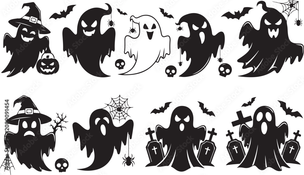 Obraz premium Halloween ghost clipart set vector spooky haunted silhouettes skull icons isolated on transparent background