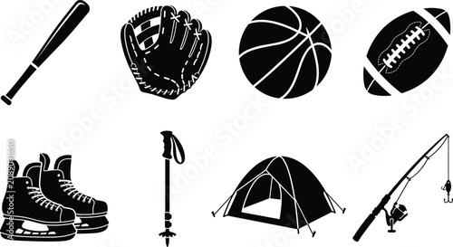 Quadro su tela Set of Black Sport and Outdoor Activity Icons Including Equipment and Gear