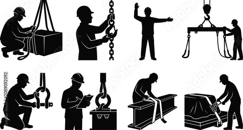Schilderij op canvas Set of construction rigger silhouettes working with crane lifting equipment hook