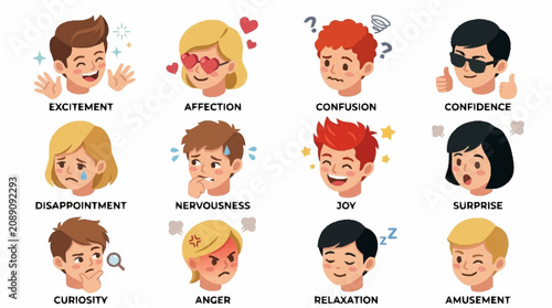 Slika na platnu Colorful cartoon faces expressing various human emotions.