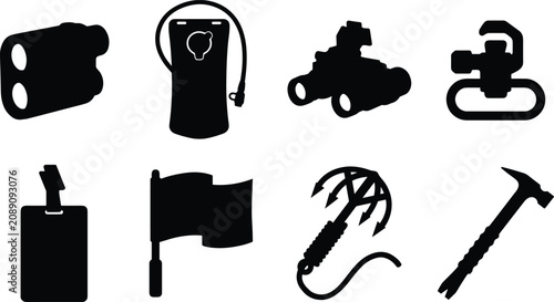Fényképezés Tactical and outdoor gear black silhouette icons set isolated on white backgroun
