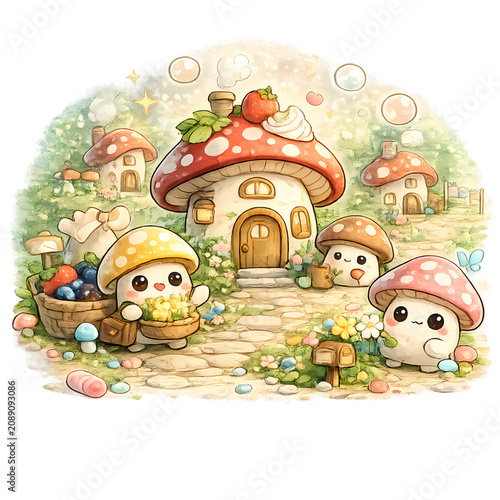mushroom village, magical forest, fantasy woodland, enchanted mushrooms, fairy village, whimsical forest, storybook illustration, fantasy landscape, cute mushroom houses, enchanted woodland, magical n