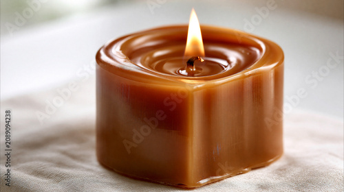 A single brown cylindrical candle lit with a flickering flame on a soft surface