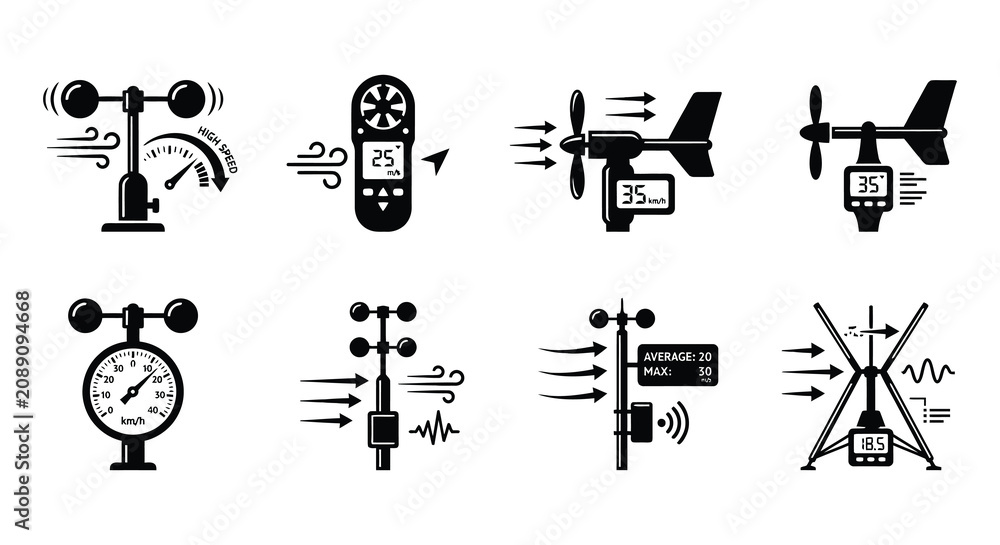 Fototapeta premium Anemometer Icons Black Silhouette Set On White Background