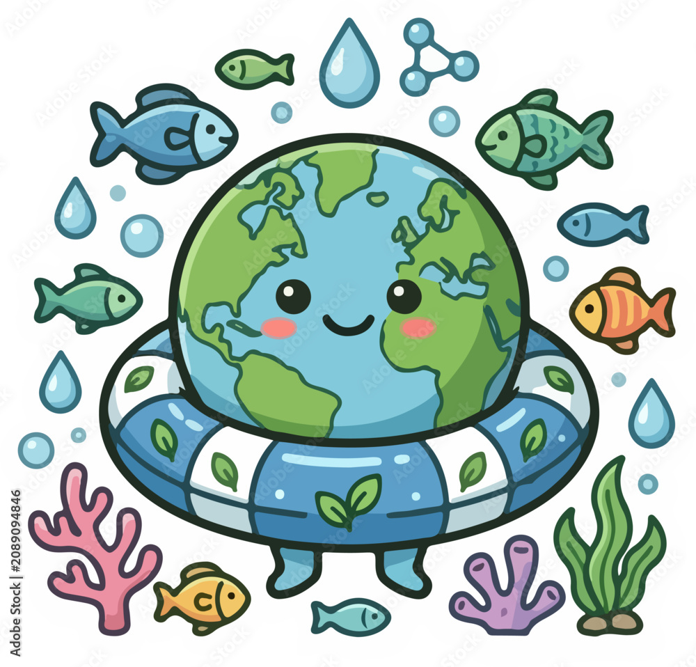Fototapeta premium Cute Earth Character Wearing Eco Friendly Swim Ring Surrounded by Fish and Water Drops Environmental Conservation Illustration