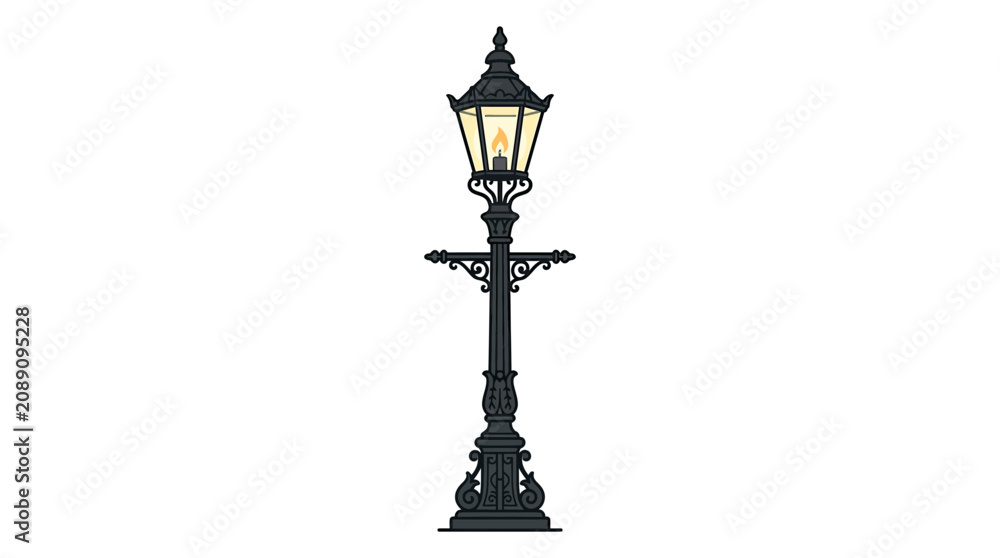 Obraz premium Vintage Gas Lamp Post with Flame - Ornate Street Light