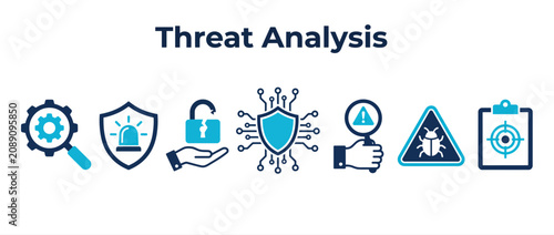Threat analysis icons representing cybersecurity vulnerabilities with background symbolizing