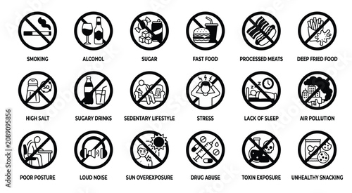 Fotografía No smoking and No alcohol icons collection vector illustration for public signag