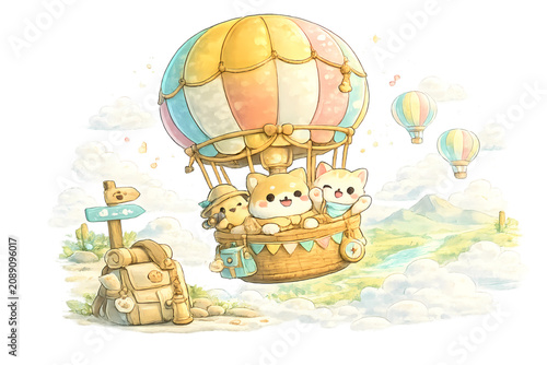 skyward adventure, animal friends, cute animals, hot air balloon, whimsical journey, flying adventure, woodland animals, kawaii illustration, children's book illustration, fluffy clouds, blue sky, pla