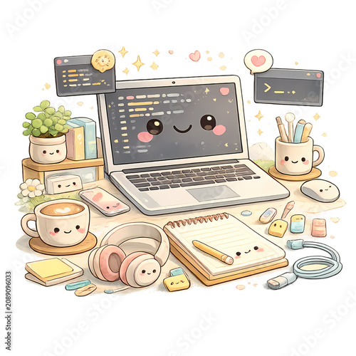 smiling code, cute stationery, office setup, kawaii workspace, coding desk, programmer workspace, smiling laptop, adorable keyboard, cute mouse, notebook, pens and pencils, desk accessories, kawaii of
