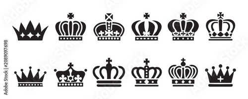 Obraz na plátně Black crown icons set for luxury brands and premium products on transparent checkered pattern background