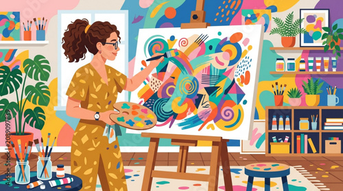 Female artist painting abstract art in colorful studio interior with abstract canvas vibrant woman painting illustration paintbrush creative