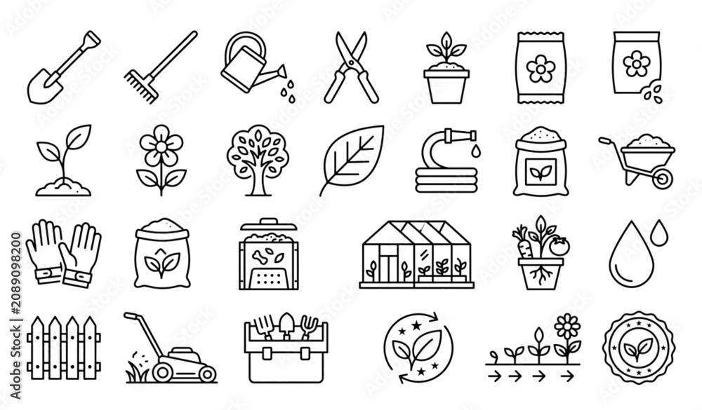 Naklejka premium Garden and Gardening Thin Line Icon Set with Plants Tools Flower and Organic Farming Symbols Vector Collection