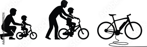 Tableau sur toile Silhouette vector illustration set of father teaching his child how to ride a bi