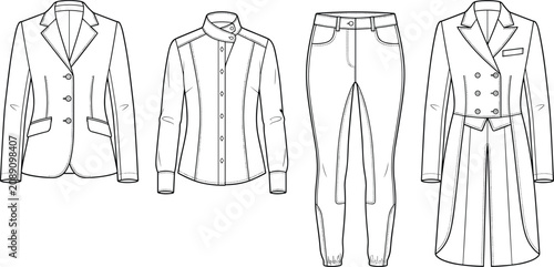 Fotografia Equestrian fashion technical sketches showing riding jackets breeches and show s