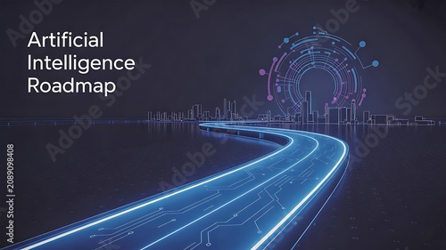Artificial intelligence roadmap with futuristic digital highway and innovation technology concept