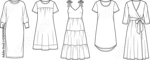 Cuadro en lienzo Collection of women summer dress technical sketches and fashion design apparel t