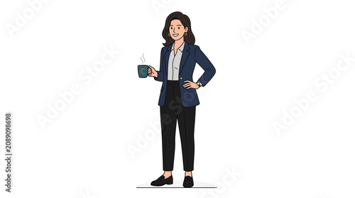 Schilderij op canvas Confident Businesswoman Holding Coffee Cup, Standing with Hand on Hip