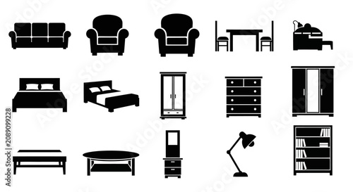Fotografía Collection of black furniture icons on white background with dressers lamps arra