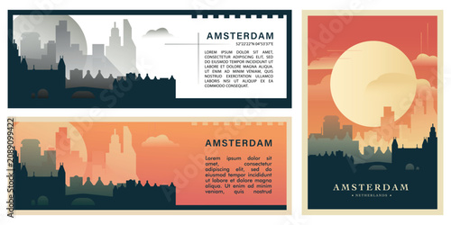 Fotografie Amsterdam skyline illustration set with iconic landmarks