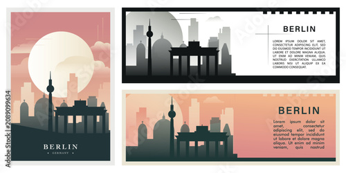 Berlin skyline illustration set with iconic landmarks. Brutalism city landscape design pack for travel banners, tourism posters, and urban architecture concepts, social media, websites