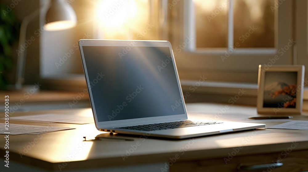 Fototapeta premium Modern laptop open on a wooden desk bathed in warm, bright sunlight near a window, home office setup