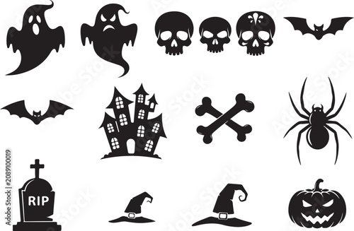 Foto Halloween ghost icon bundle vector creepy silhouettes skull haunted set isolated