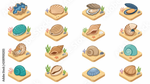 Fotografi Colorful Collection of Seashells and Snails on Sand.