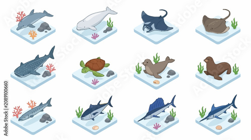 Canvastavla Colorful Isometric Ocean Creatures Collection.