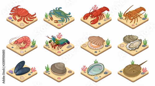 Photos Colorful Seafood Collection on Wooden Boards.