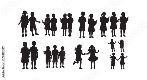 Collection of children silhouettes depicting various interactions and activities, including reading, walking, and playing.
