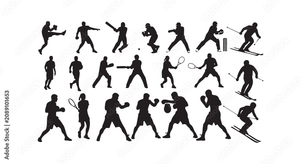 Obraz premium Comprehensive collection of sports silhouettes including tennis cricket boxing and skiing for athletic graphic design needs.