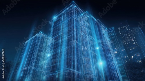 Futuristic Digital Wireframe Model of Modern High Rise Buildings with Neon Blue Lights