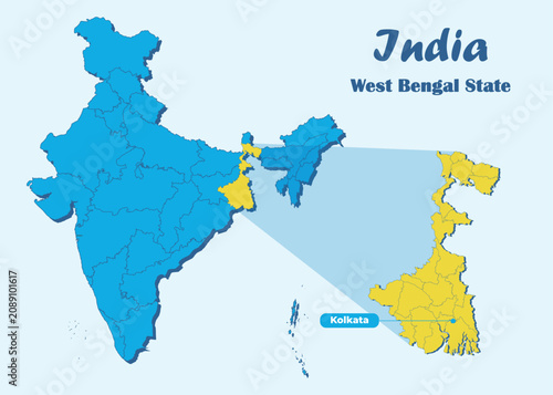 West Bengal state highlighted in yellow in Indian map with editable vector illustration. Political map showing the location of West Bengal with Kolkata marked, suitable for education and travel.