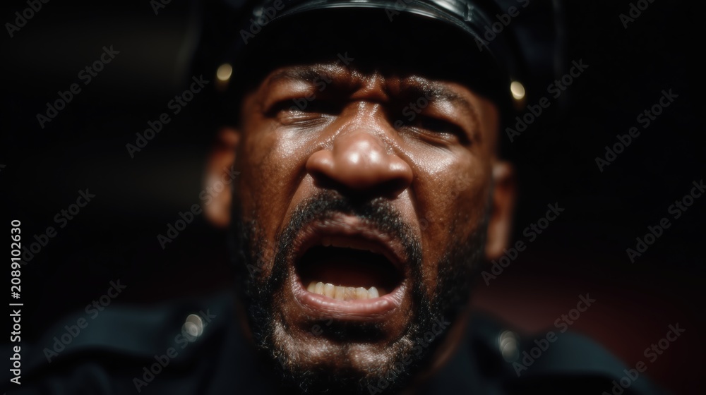 Obraz premium An angry cop yells at the camera, an angry security guard interrogates a thief at a negotiating table. High quality