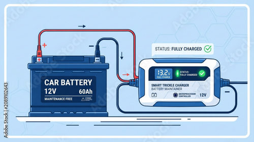 Photos Illustration showing a twelve volt automotive battery connected to a smart trick