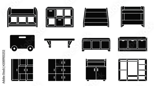 Canvastavla Minimalist nursery furniture icons set, black silhouette children storage units