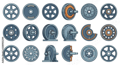 Foto Collection of Industrial Machine Parts and Gears.